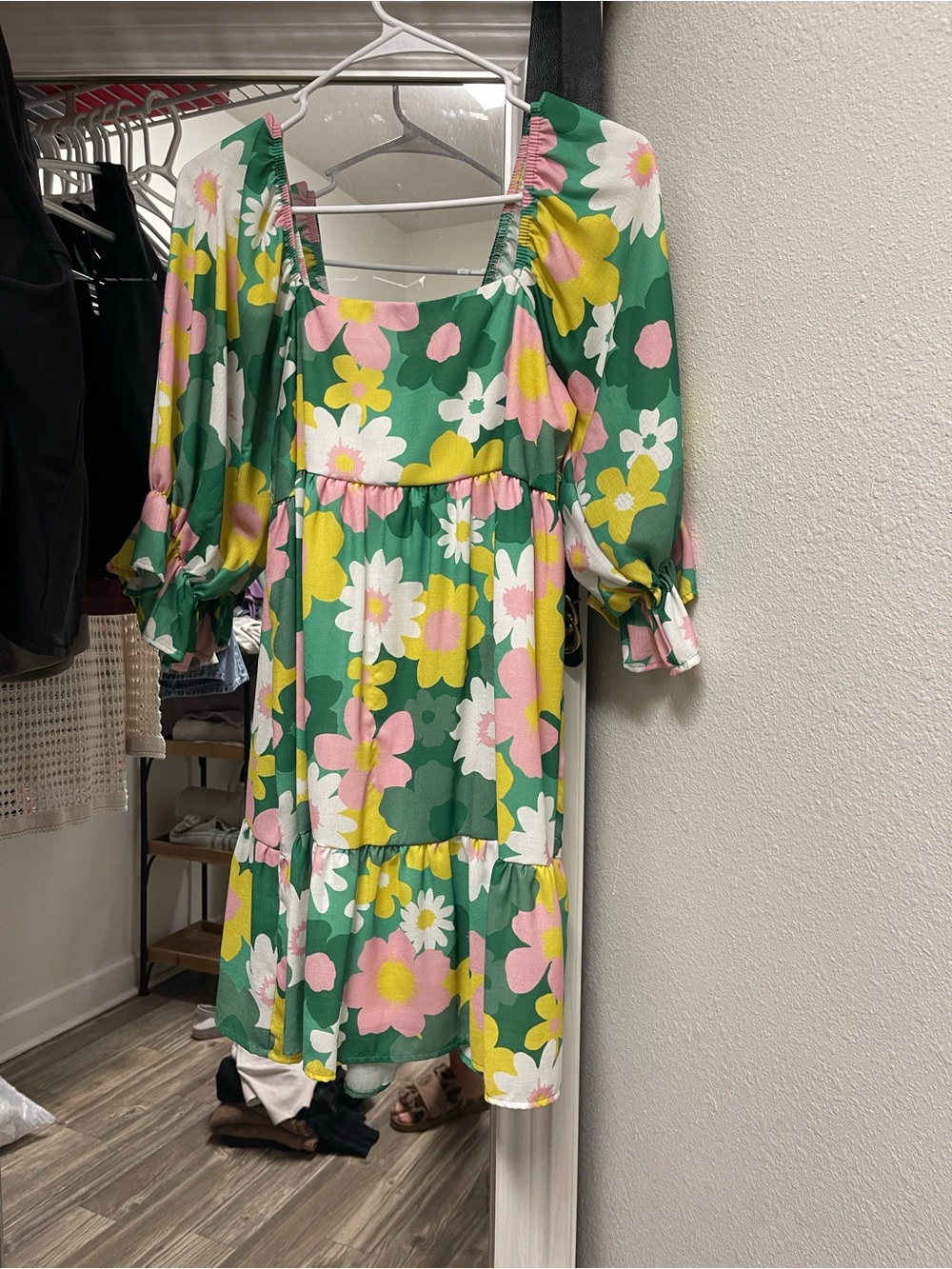 Peach Love California Green Floral Tiered Dress with Pink Yellow & White Blooms